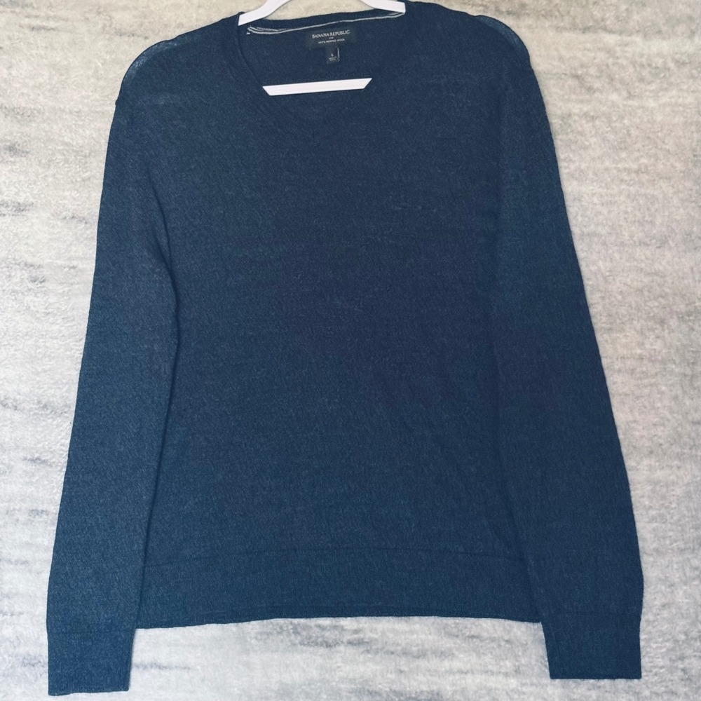 Banana Republic Mens Navy Blue 100% Merino Wool V-Neck Sweater Large 730041-09